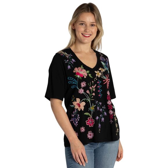 Johnny Was Maureen Trapunto 3/4 Tee Cotton Shirt Floral Embroidery Top Black NEW - Picture 3 of 13